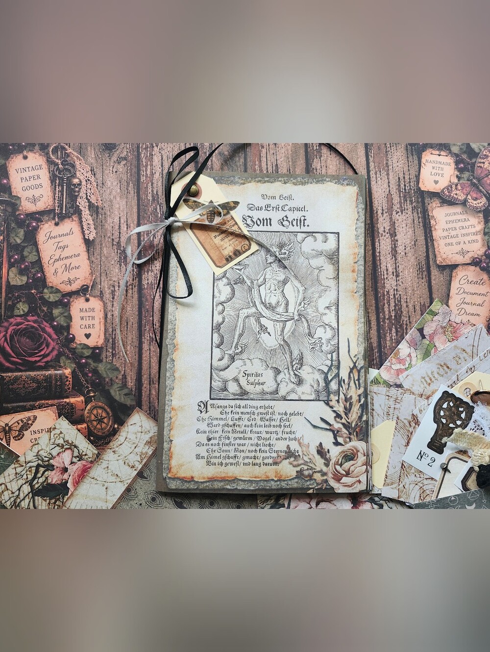 Handmade Junk Journal Booklet "VINTAGE GRIMOIRE" 40 pg. Lg. 8.5x5.5 + Ephemera